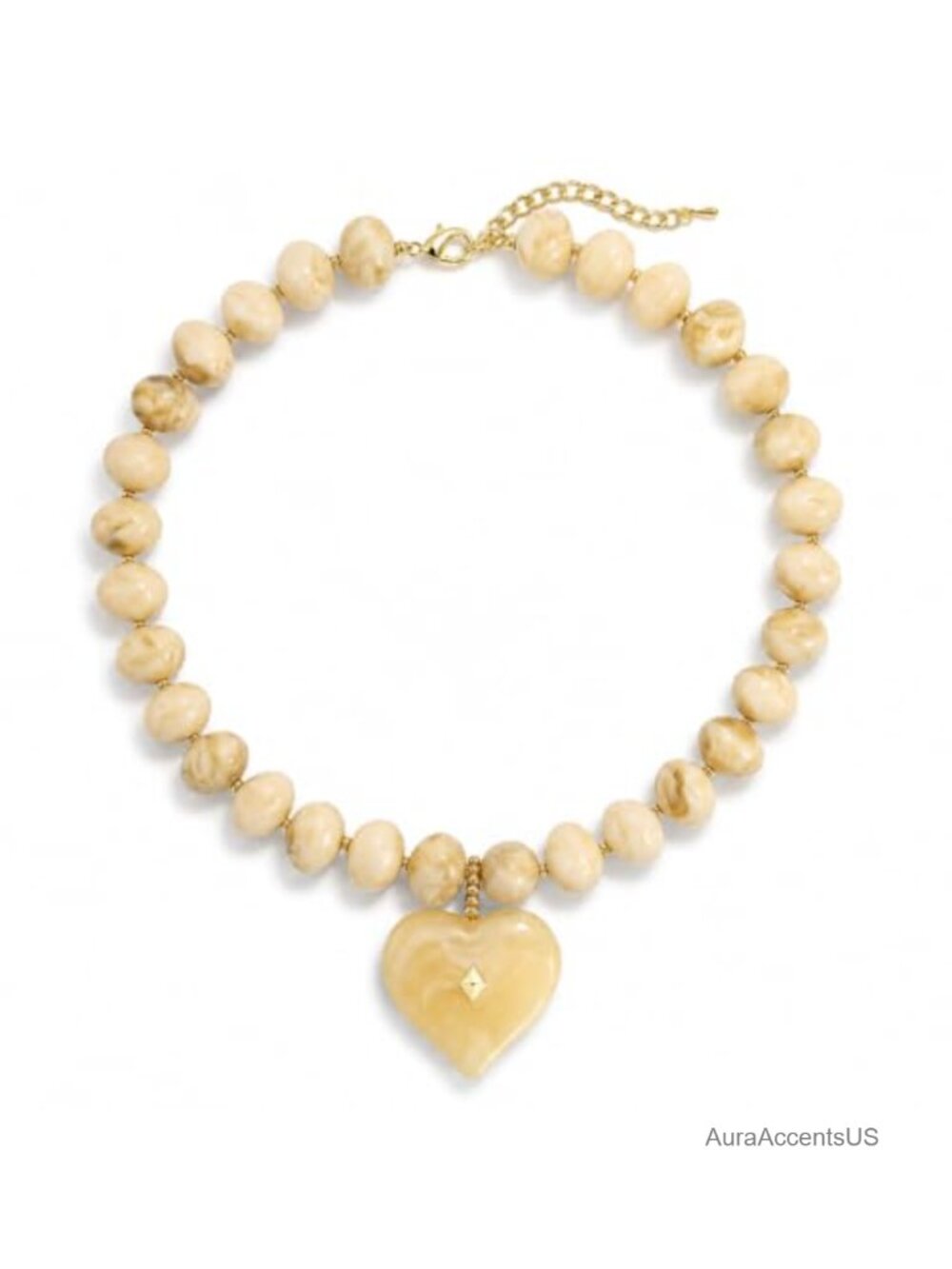 Resin Beaded Choker Necklace Heart Pendant 19.3 in Lobster Clasp